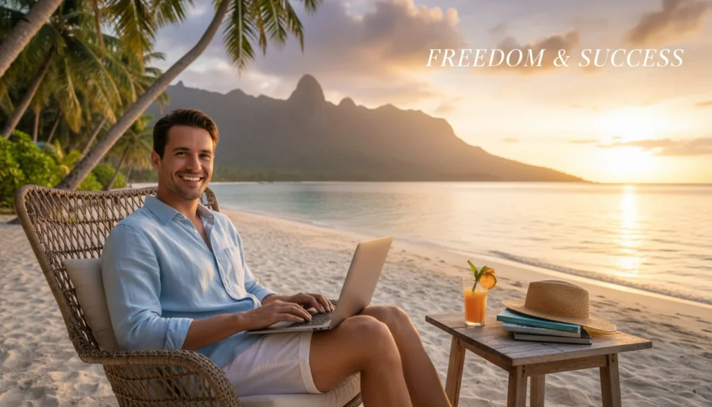 Motivational image of person working happily on laptop in a beautiful location, beach or mountain view, representing freelance freedom and success