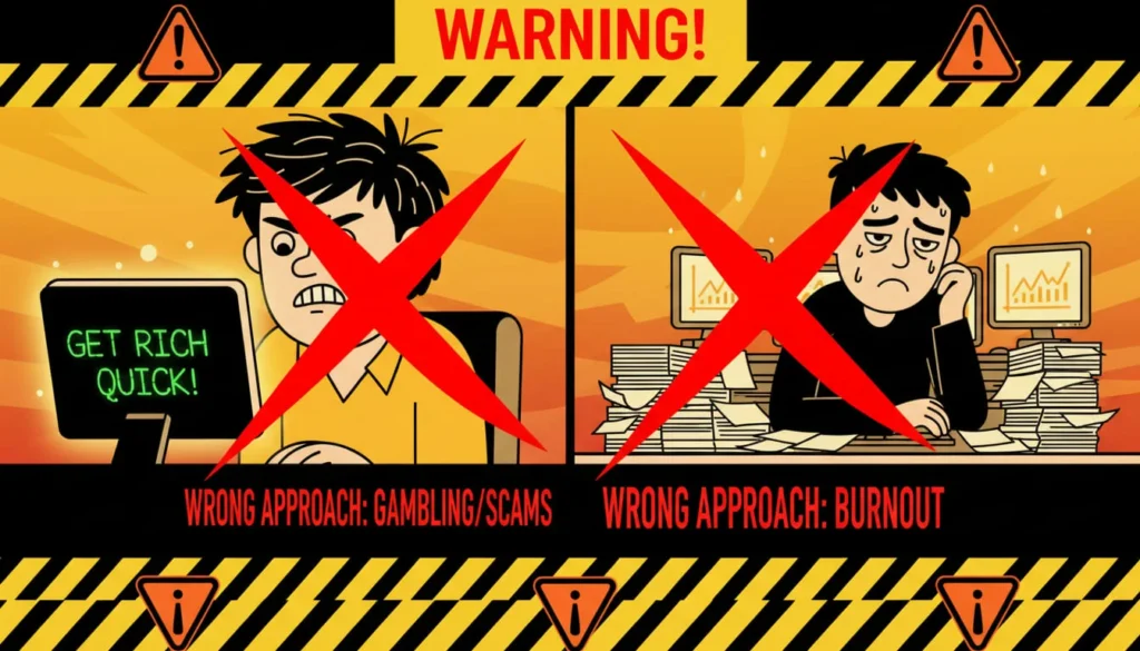 Beginner mistakes in side hustles and online earning to avoid including get-rich-quick schemes and overworking