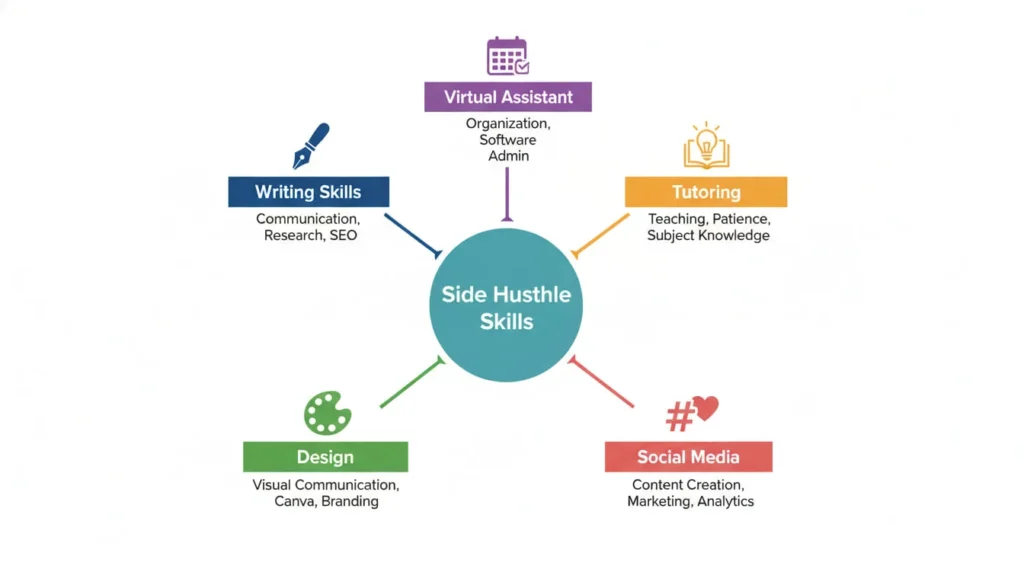 Skills breakdown infographic for side hustles including writing, virtual assistance, tutoring, social media, and design