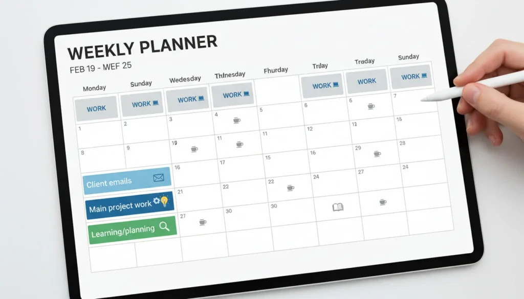 Time management calendar showing how to schedule side hustle hours with full-time work