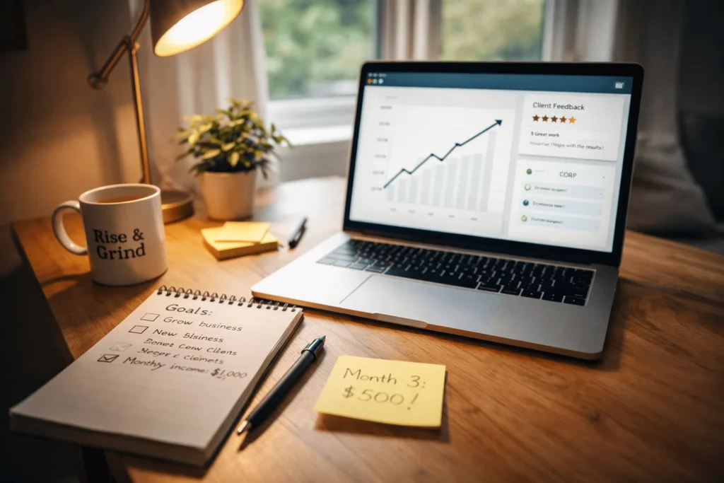 Motivational home office setup for side hustle with laptop showing progress and earnings growth