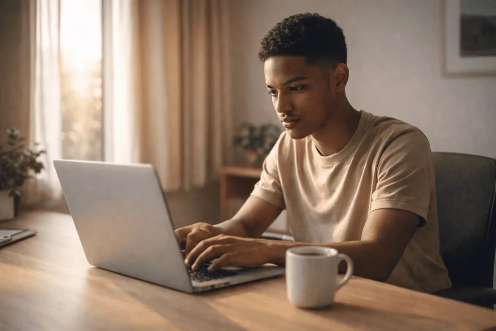 A young person sitting at a clean home desk with a laptop open