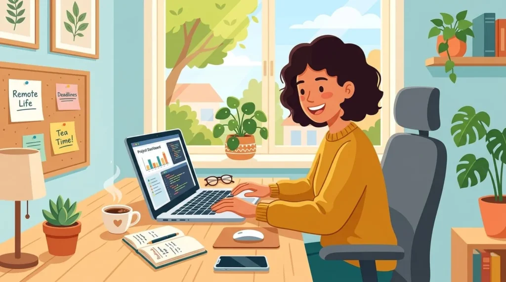 Person working remotely from home with laptop and coffee at a clean home office desk, bright window and productive remote work environment illustration