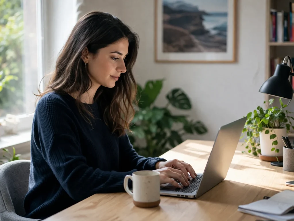 A person working calmly on a laptop at a home desk, with natural morning light, representing realistic online work expectations.