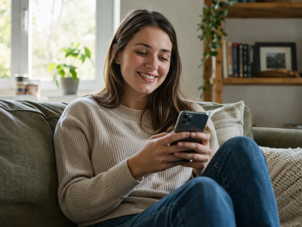 A smiling young person sitting on a comfortable couch at home using a smartphone, with natural daylight and a simple, cozy living room background.