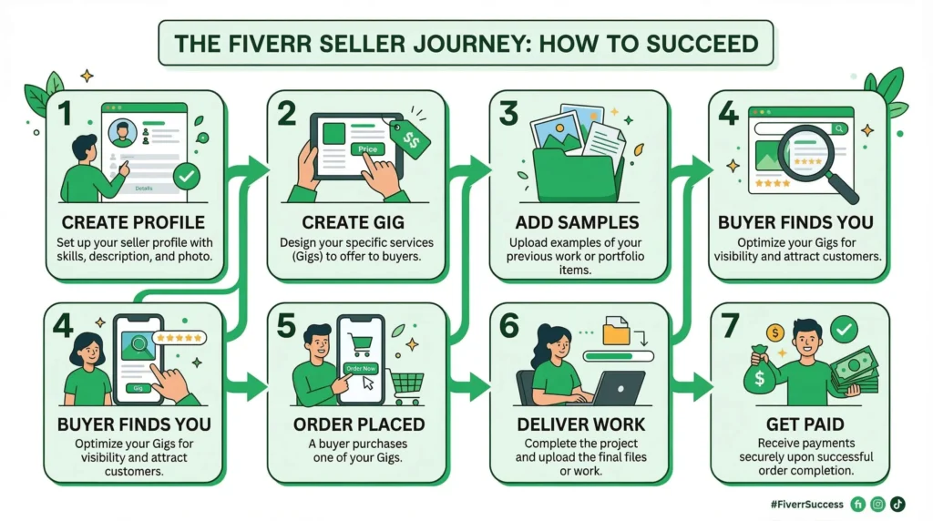 Step-by-step Fiverr process for beginners — create a gig, get found by buyers, deliver work, and earn money online