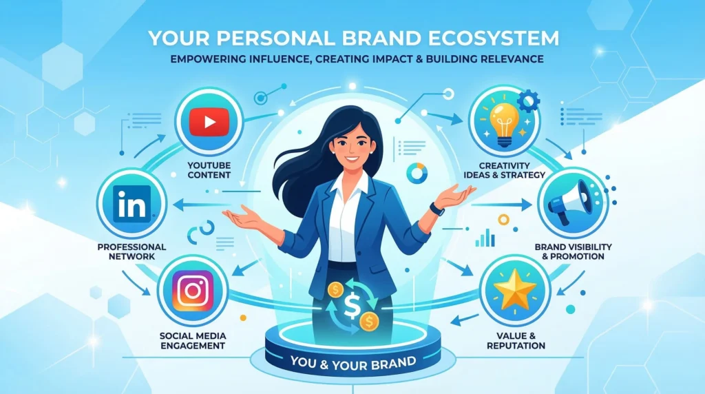  Infographic showing a personal brand ecosystem with platforms like YouTube, Instagram, and LinkedIn surrounding a creator — how to build a personal brand online