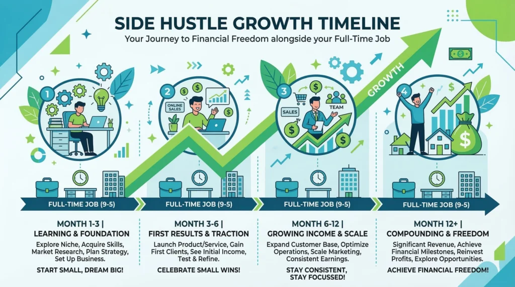 Side hustle growth timeline for full-time workers — realistic income expectations from month 1 to month 12 and beyond