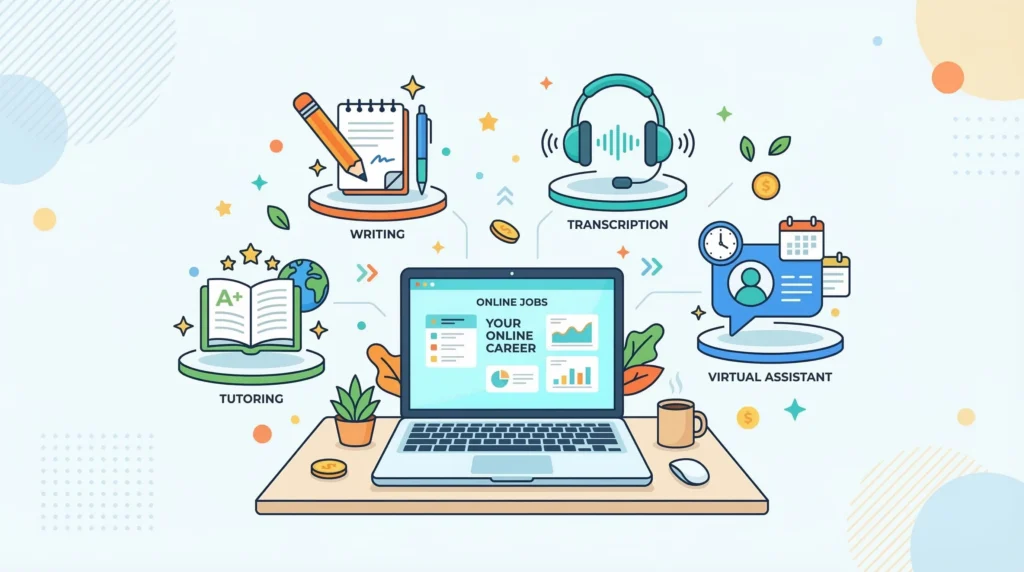 A flat-design illustration showing a laptop with icons of different online jobs floating around it: a pencil (writing), headphones (transcription), a chat bubble (virtual assistant), a book (tutoring) — clean, modern, colorful, minimal background
