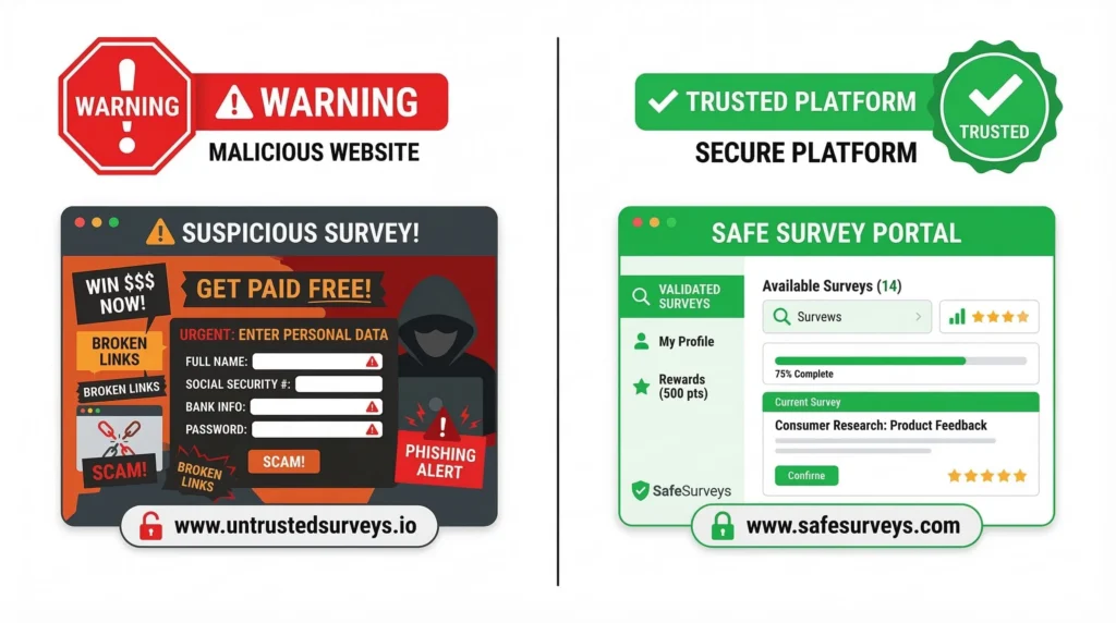 Comparison of legitimate versus scam online survey platforms showing trust signals and warning signs