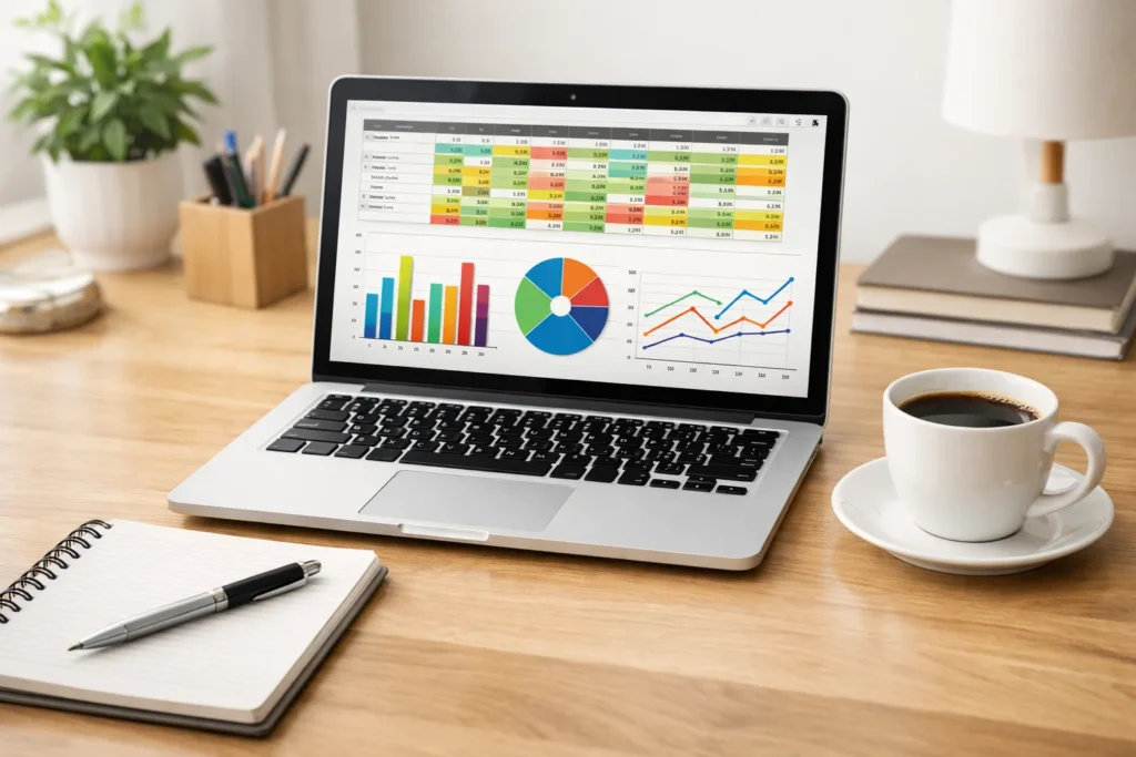 Clean home office desk with laptop displaying spreadsheet, coffee cup and plant, professional remote work setup for data entry beginners