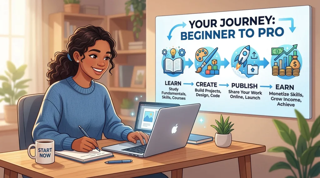 📝 ALT TEXT:
Step-by-step roadmap for beginners showing how to build passive income online: Learn, Create, Publish, Earn