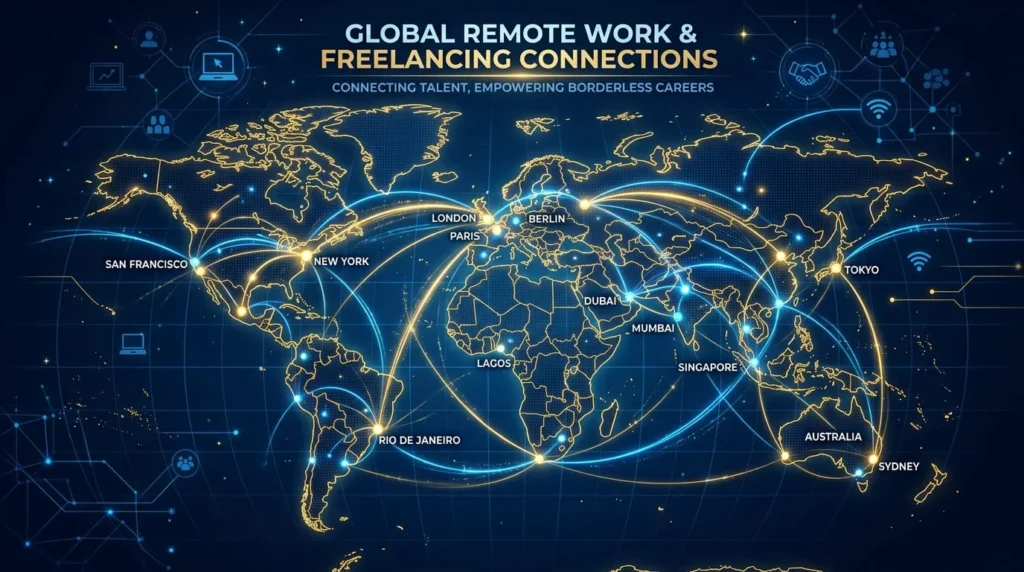 World map with glowing digital connections between cities representing global remote work and online freelancing opportunities