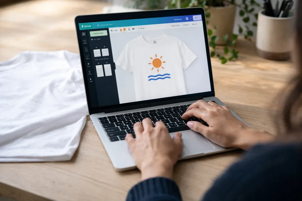 Close-up of hands designing a T-shirt graphic on a laptop using Canva, representing print-on-demand work.