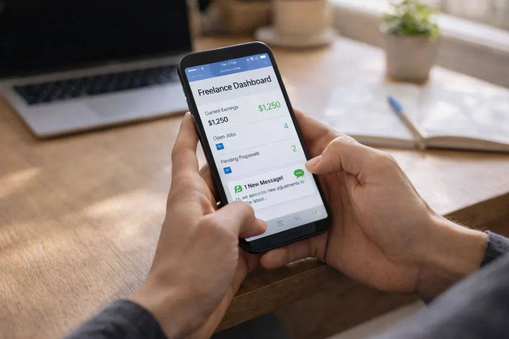 A person using a smartphone at a wooden desk, showing a freelance dashboard with a message notification, in a clean and softly lit home office.