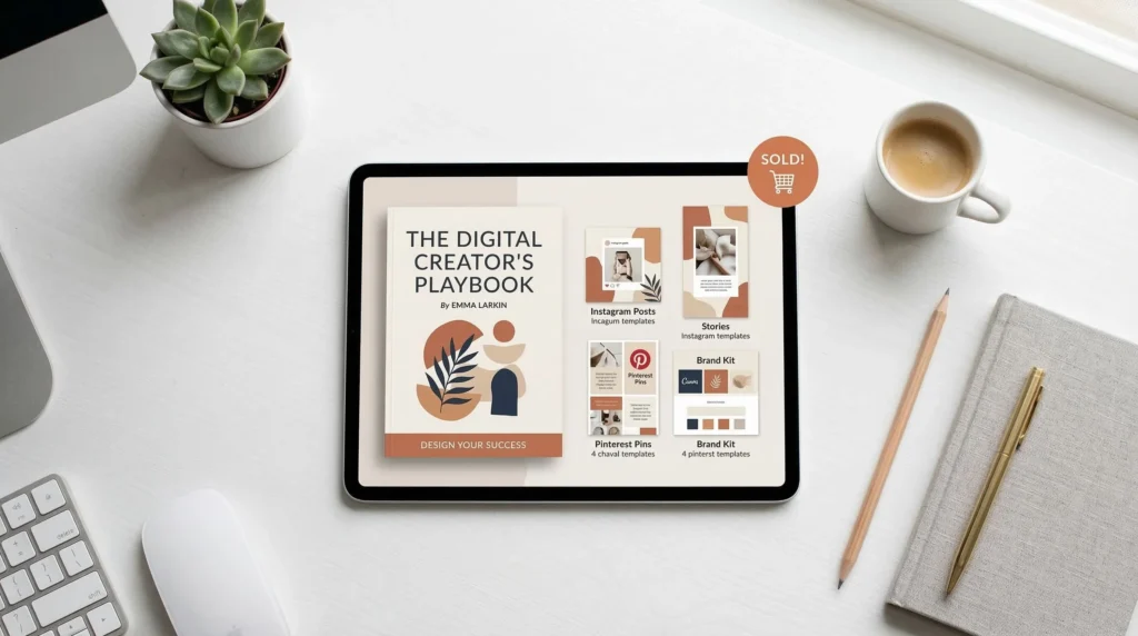 Digital products for passive income — eBook and Canva template mockup on a tablet, a low-investment beginner idea for 2026