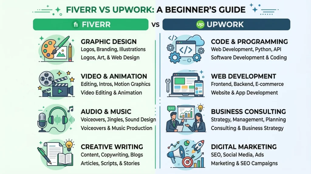Infographic showing which freelance skills work best on Fiverr vs Upwork — a beginner's guide to choosing the right platform