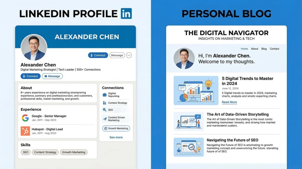 Split screen comparison of a LinkedIn profile and personal blog website showing how to build an online presence for a personal brand 