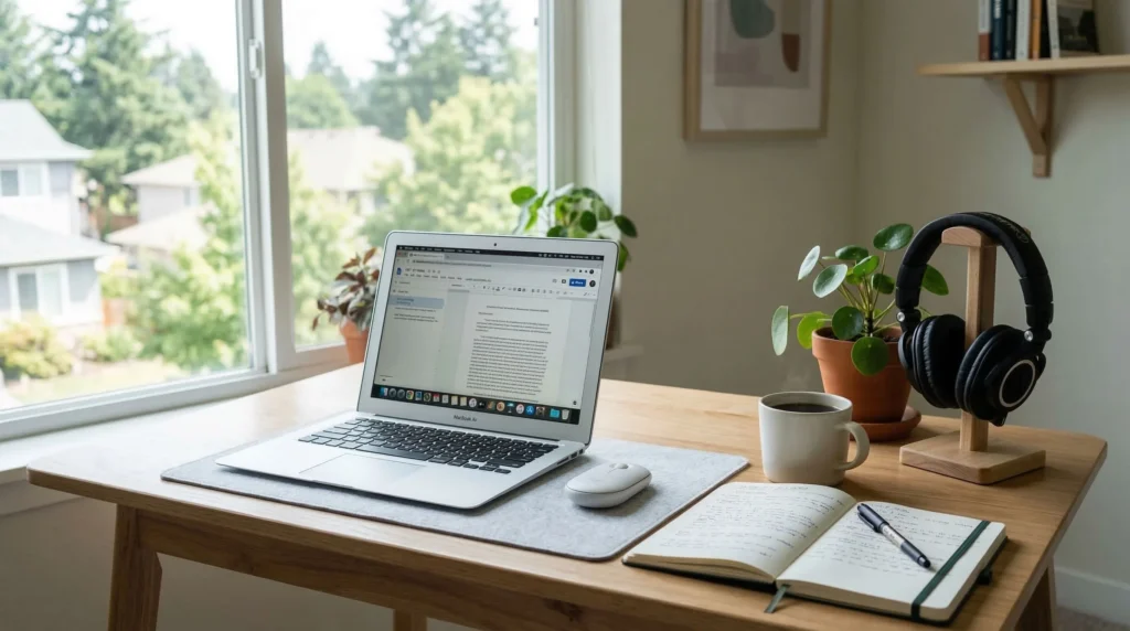 A minimal student work-from-home setup: a simple desk with a laptop, a pair of headphones, a notebook, a cup of coffee, good natural lighting, clean and uncluttered, realistic photo style