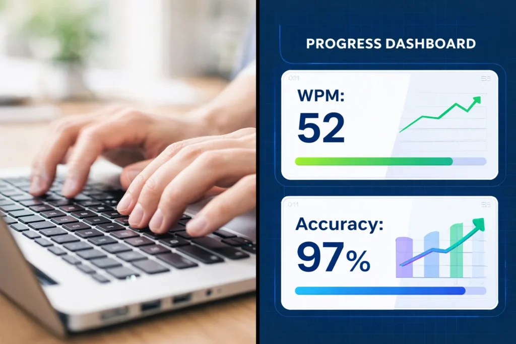 Hands typing on laptop keyboard with speedometer graphic showing 52 words per minute and 97 percent accuracy for data entry skills