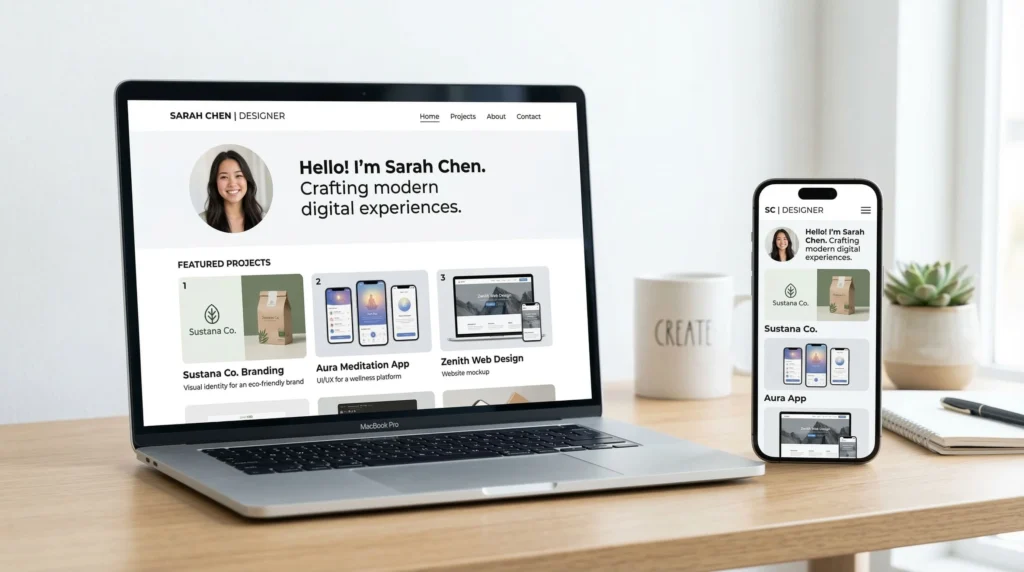 A clean, minimal digital portfolio displayed on a laptop and smartphone screen side by side. Portfolio shows design samples
