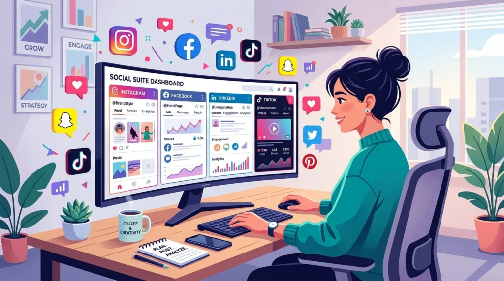 Freelancer managing social media accounts on a computer with Instagram Facebook LinkedIn and TikTok icons around the screen