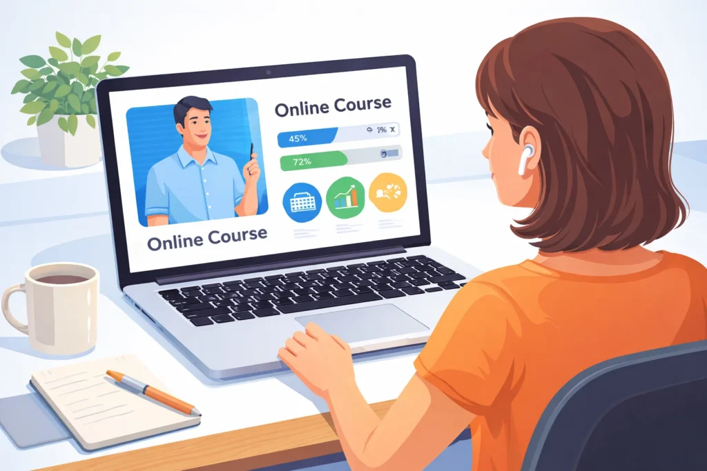 A young woman sitting at a desk watching an online course on her laptop, with course progress bars and skill icons visible on the screen