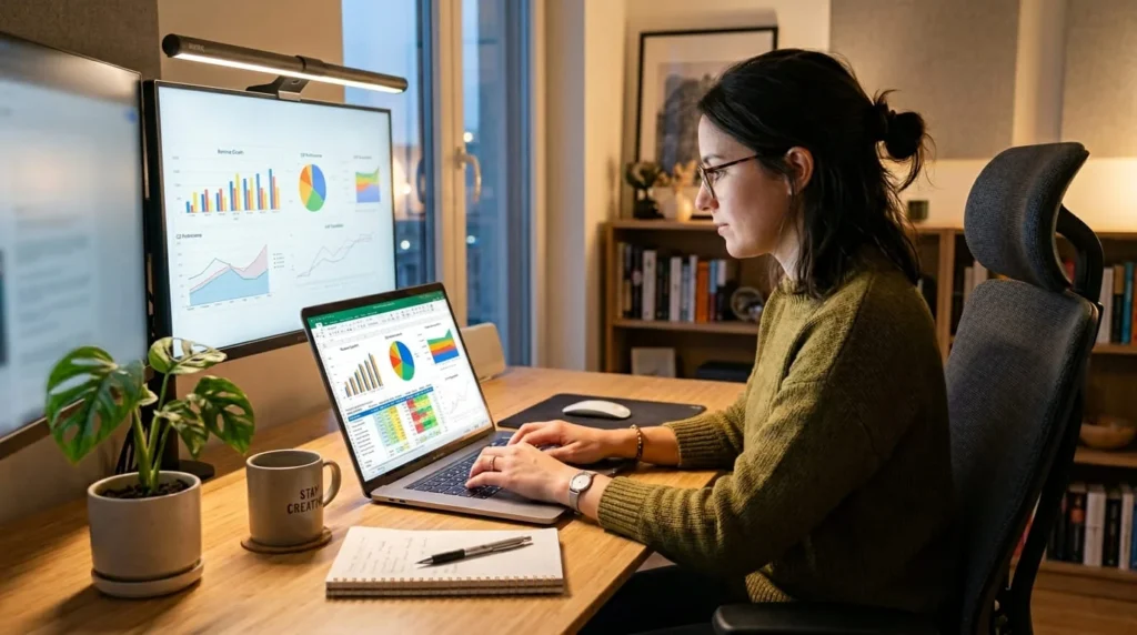 A person typing on a laptop with colorful data charts and spreadsheets visible on the screen