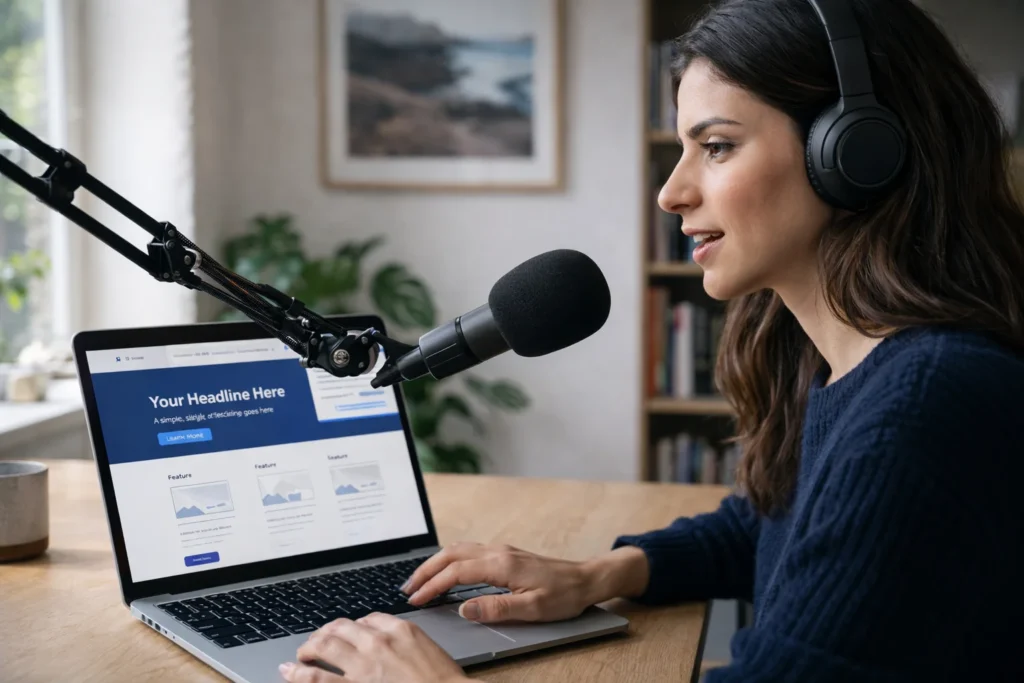 A person wearing headphones and speaking into a microphone while testing a website on their laptop, representing user testing work.