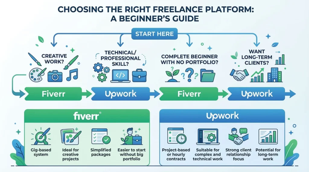 Decision guide for beginners choosing between Fiverr and Upwork — which freelance platform to start with based on your skills and experience