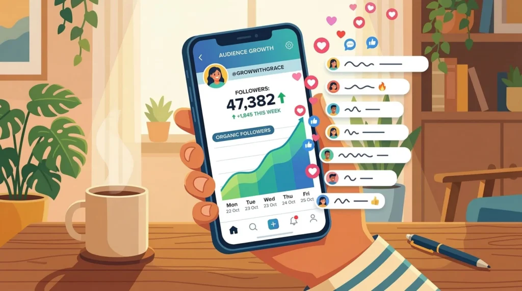 Illustration of a phone showing growing social media followers, likes, and comments — organic audience growth for personal branding beginners 