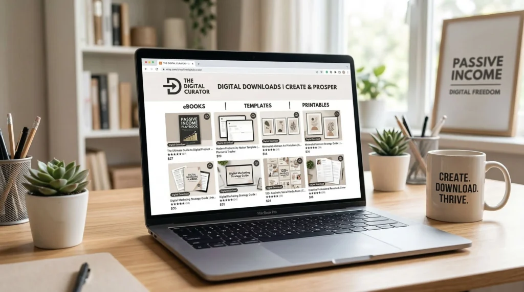 Sell digital products online - Etsy and Gumroad shop mockup on laptop