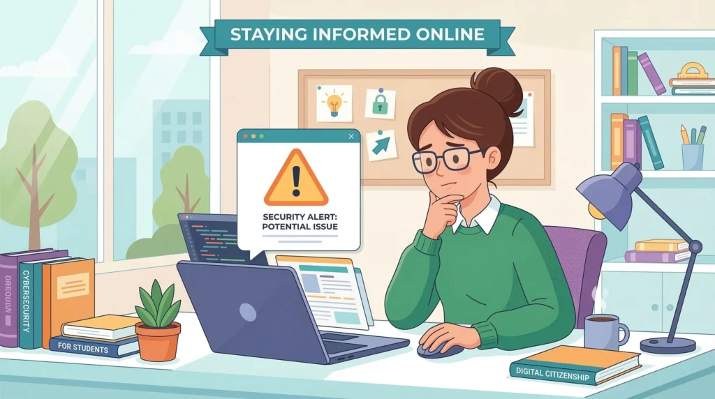 A friendly educational illustration showing a student at a laptop seeing a 'warning sign' icon on screen, looking cautious and informed, no scary imagery, clean flat-design style, soft colors, educational tone