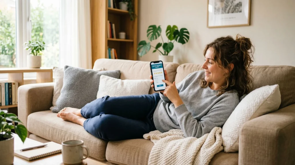 Woman completing mobile survey jobs on a smartphone at home showing flexibility of online surveys