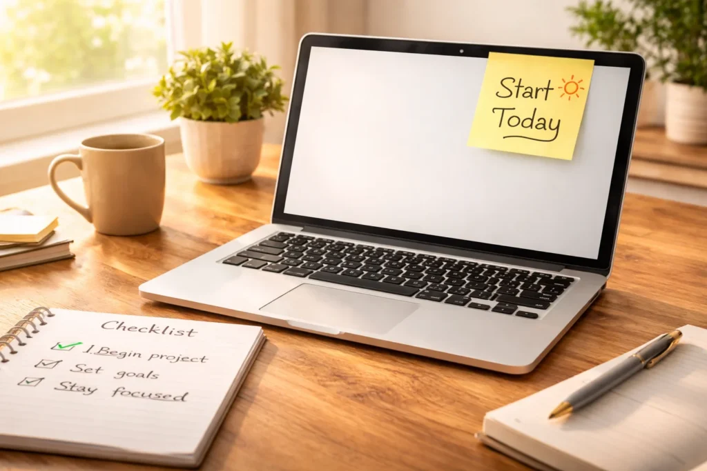 Laptop on desk with handwritten checklist and yellow sticky note reading Start Today, sunlight streaming through window, inspiring beginner to begin online data entry journey