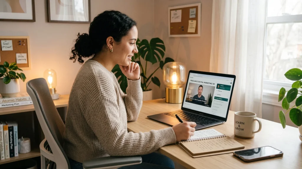A beginner sitting at a desk watching an online course on a laptop