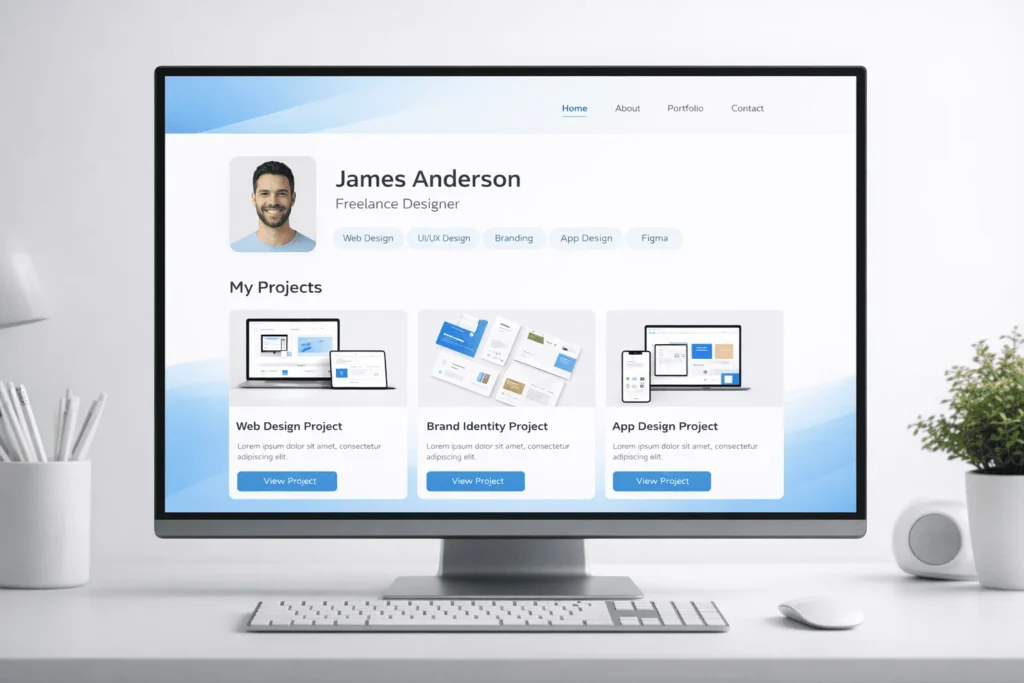 professional freelance portfolio website displayed on a desktop monitor