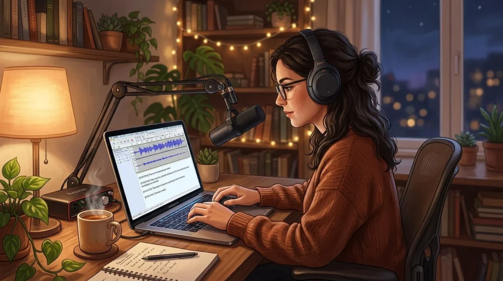 Remote transcription worker wearing headphones typing on laptop in a cozy home office environment