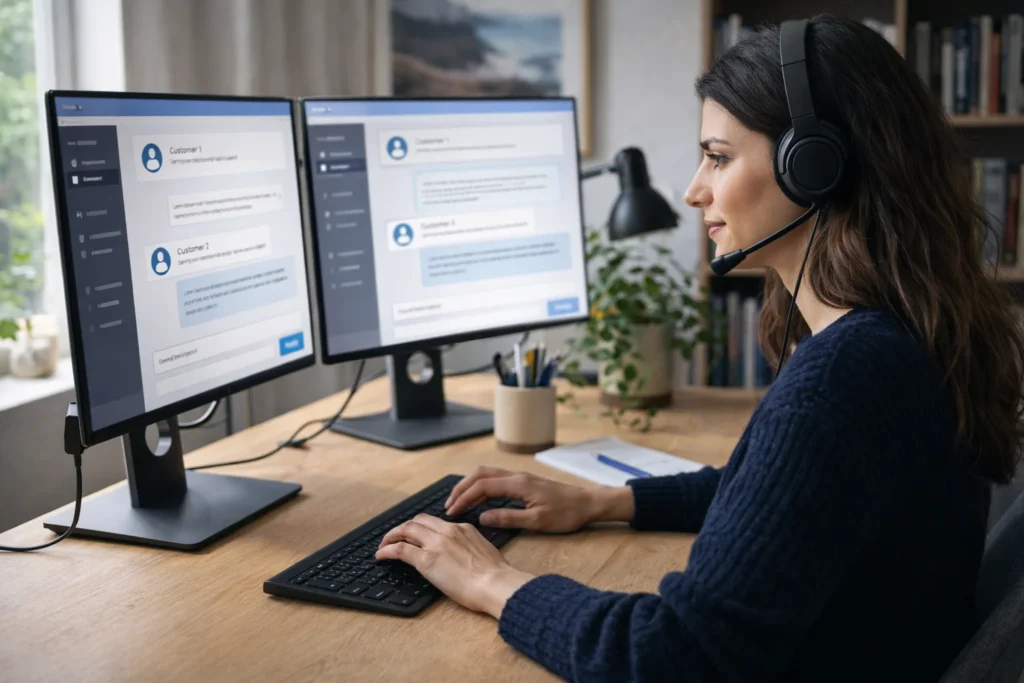 A person wearing a headset and typing at a home desk with two monitors showing customer chat windows, representing remote customer support work.