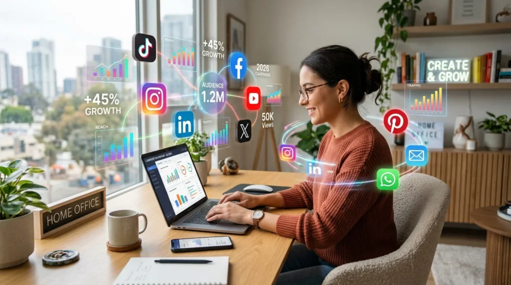 A woman working on a laptop with social media icons and graphs floating around her in a bright