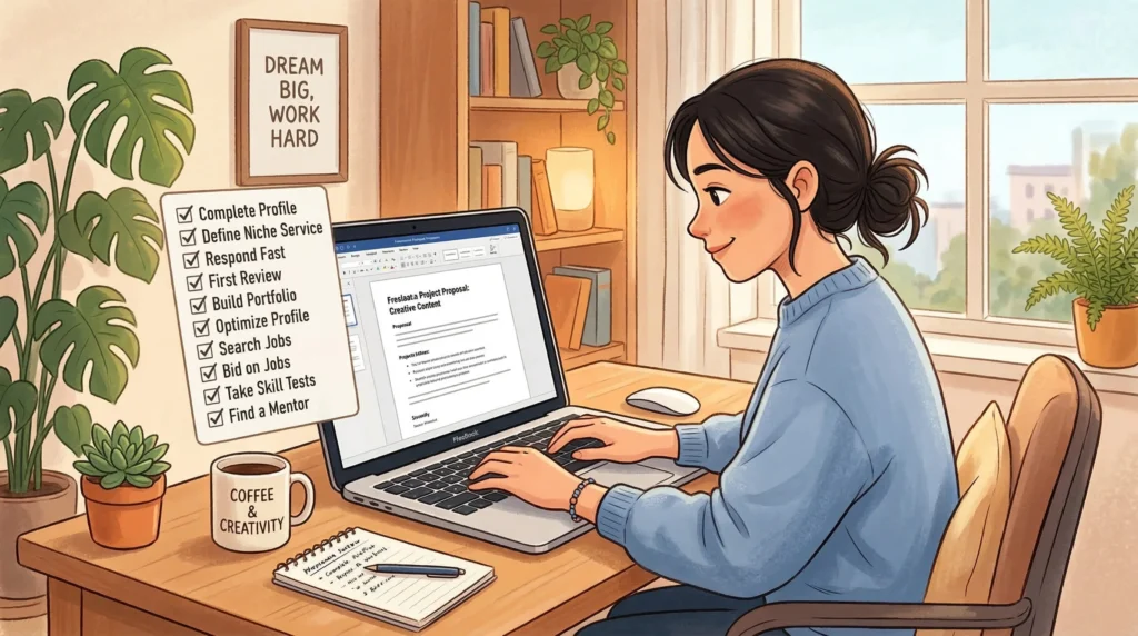 Beginner freelancer tips for getting the first client on Fiverr or Upwork — setting up a profile, writing proposals, and earning first reviews