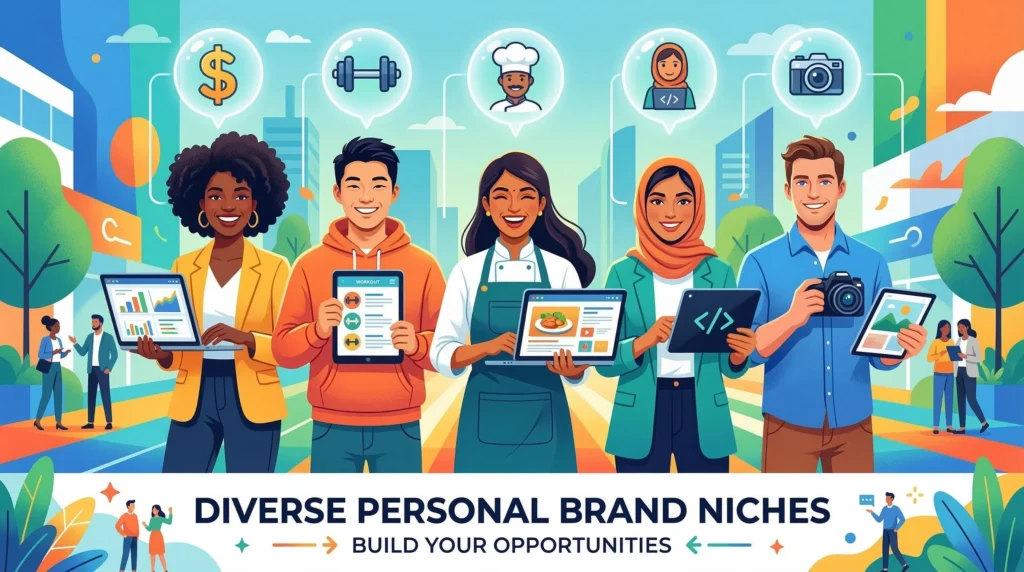 Diverse group of content creators representing different personal brand niches including finance, fitness, cooking, tech, and photography — make money online with a personal brand 
