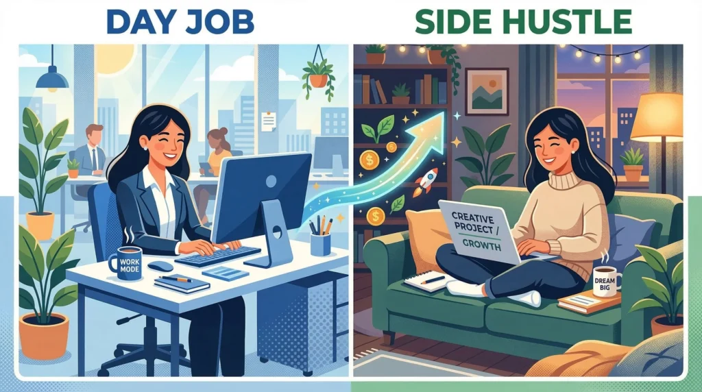 A full-time worker balancing their day job and side hustle — building extra income consistently in the evenings and weekends in 2026
