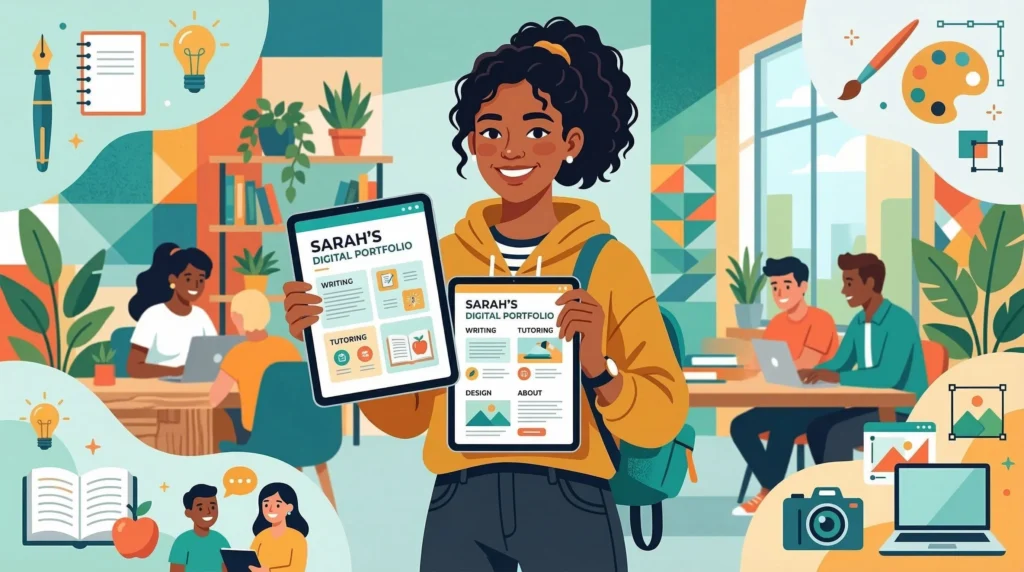 A student confidently holding a tablet showing a clean online portfolio, bright and optimistic mood, modern flat-style illustration, with subtle icons for writing, tutoring, and design around the edges