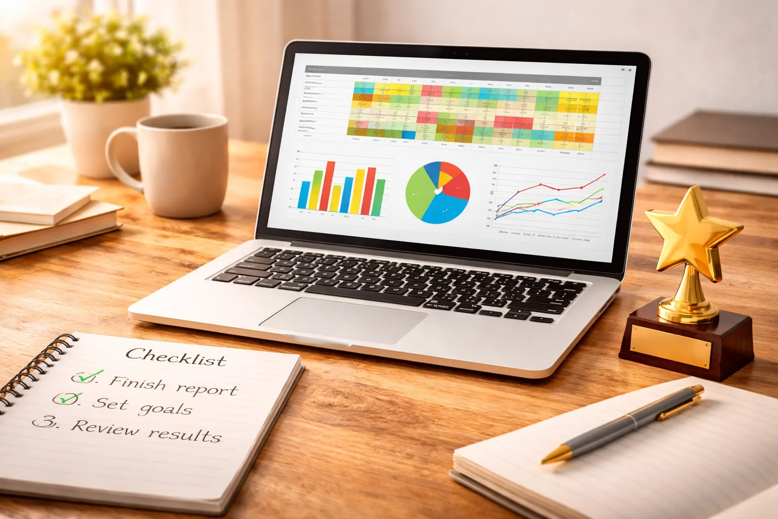 Woman working on laptop with spreadsheet, checklist and trophy on desk symbolizing successful start in online data entry jobs