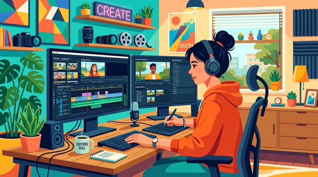 Remote video editor working at a dual monitor home office setup editing video timeline on computer