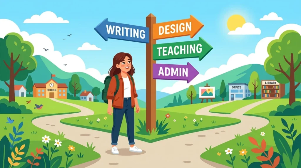 A road sign with arrows pointing in different directions labeled