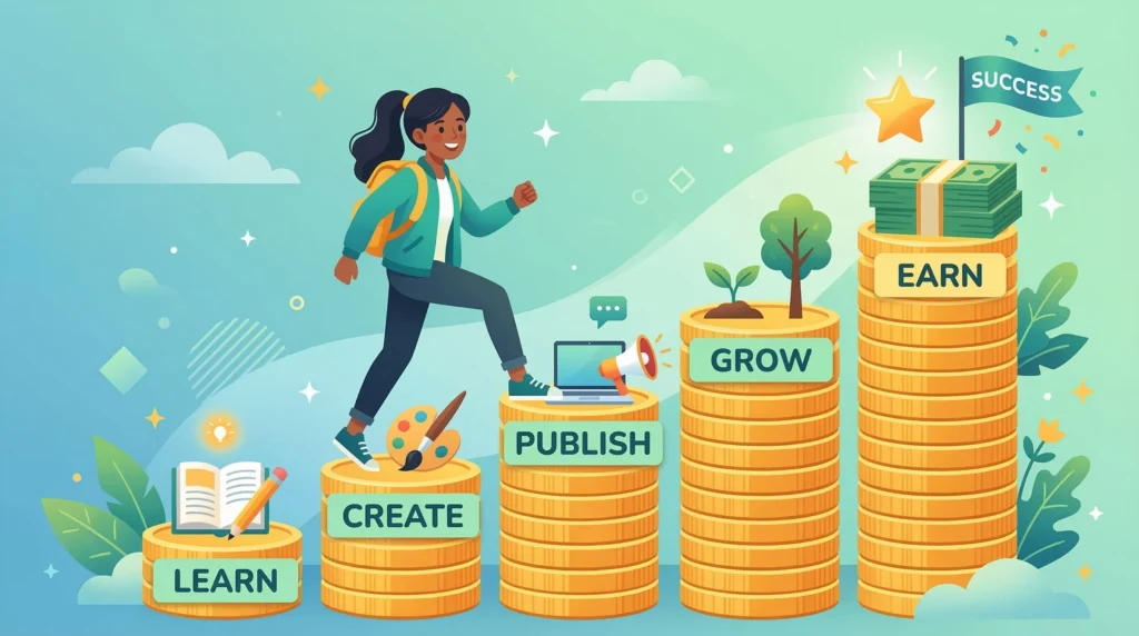 Motivational illustration of a beginner climbing steps labeled Learn, Create, Publish, Grow, Earn — building passive income online in 2026