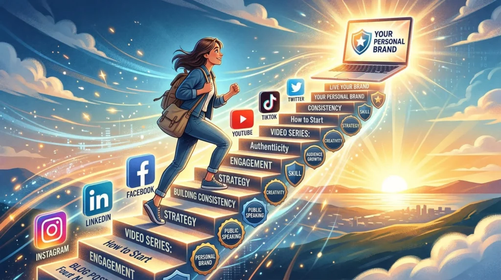 Motivational illustration of a person climbing stairs made of social media icons toward success — step-by-step journey to build a personal brand and make money online