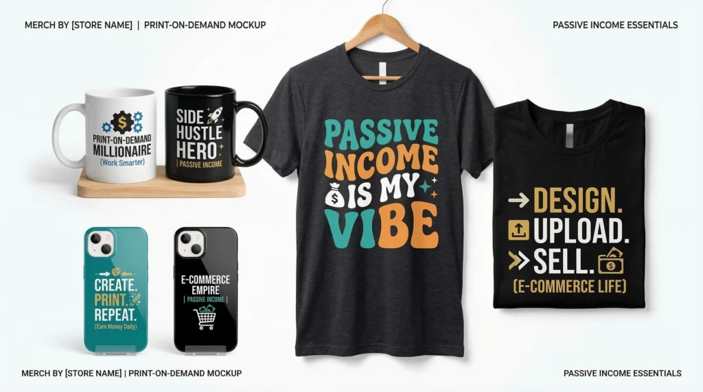 Print on demand business for beginners - custom t-shirts and mugs mockup